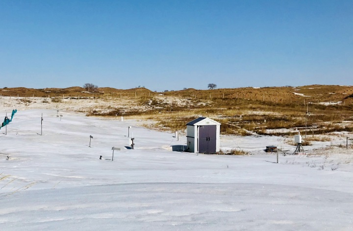 View of the study site with deep winter snow in a semi-arid grassland in Inner Mongolia. Photo taken by Yuntao Wu.